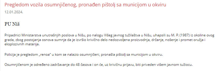 Serbia-avmp/Pregledom-vozila-osumnjicenog-pronaden-pistol-sa-municijom-u-okviru