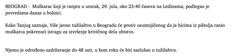 Serbia-avmp/Preminuo-muskarac-koji-je-ranjen-na-Ledinama