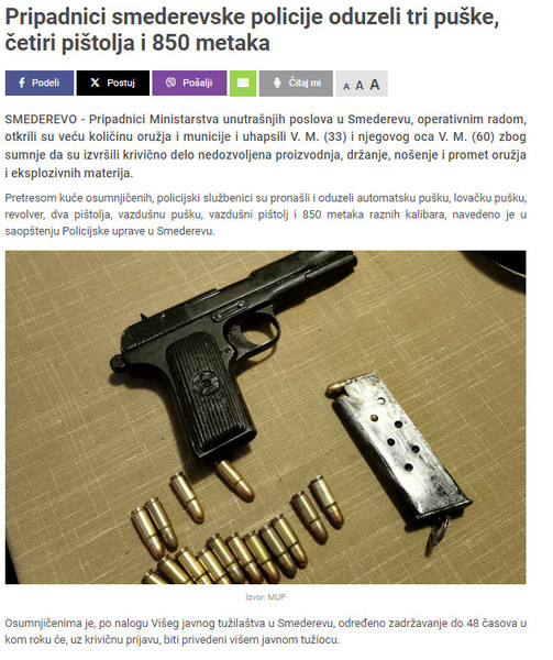 Serbia-avmp/Pripadnici-smederevske-policije-oduzeli-tri-puske-cetiri-pistolja-i-850-metaka