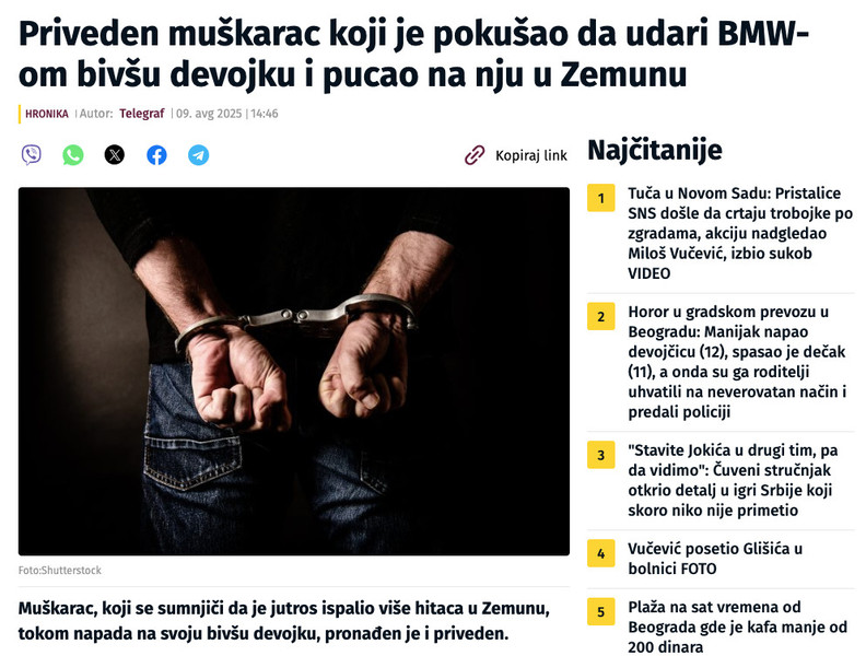 Serbia-avmp/Priveden-muskarac-koji-je-pucao-na-bivsu-devojku-u-Zemunu