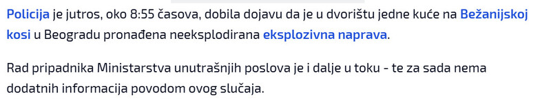 Serbia-avmp/Pronadena-eksplozivna-naprava-u-dvoristu-kuce-na-Bezanijskoj-kosi