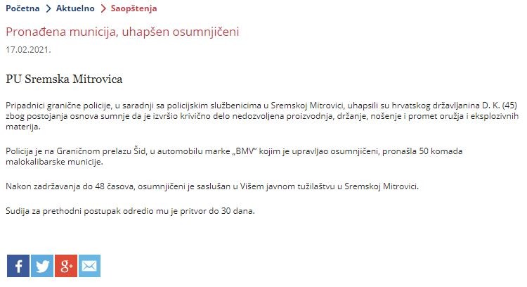 Serbia-avmp/Pronadena-municija-uhapsen-osumnjiceni