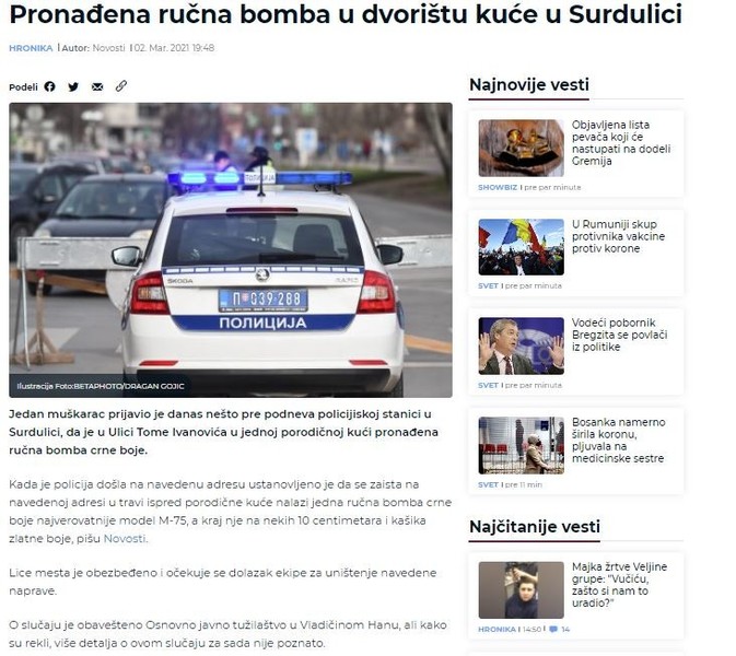 Serbia-avmp/Pronadena-rucna-bomba-u-dvoristu-kuce-u-Surdulici