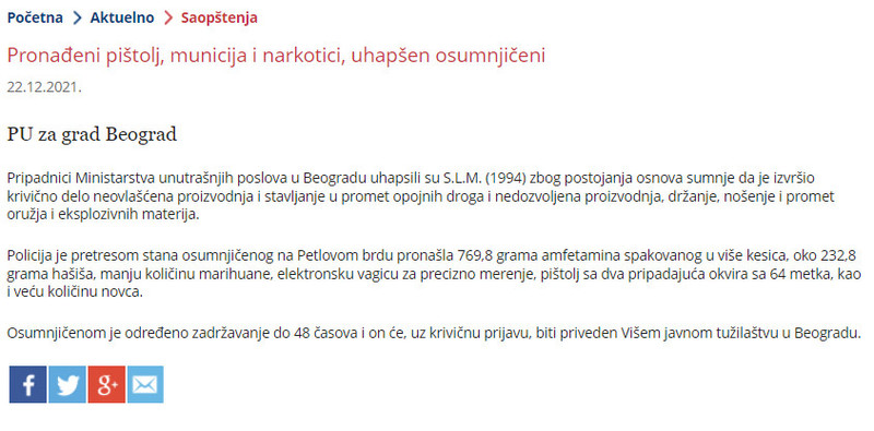 Serbia-avmp/Pronadeni-pistol-municija-i-narkotici-uhapsen-osumnjiceni