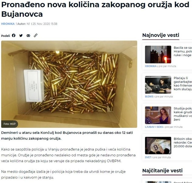 Serbia-avmp/Pronadeno-nova-kolicina-zakopanog-oruzja-kod-Bujanovca