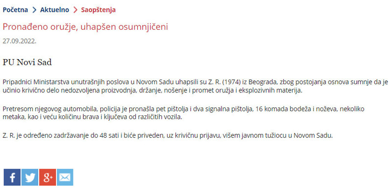 Serbia-avmp/Pronadeno-oruzje-uhapsen-osumnjiceni