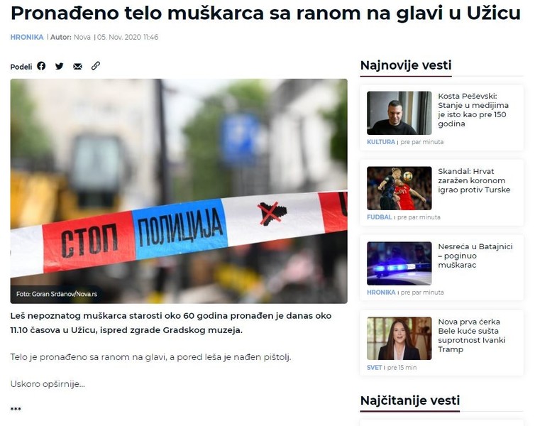 Serbia-avmp/Pronadeno-telo-muskarca-sa-ranom-na-glavi-u-Uzicu