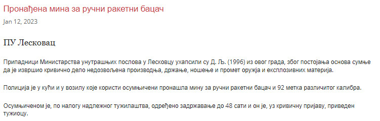 Serbia-avmp/Pronadjena-mina-za-rucni-raketni-bacac