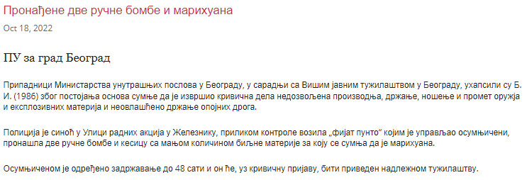 Serbia-avmp/Pronadjene-dve-rucne-bombe-i-marihuana