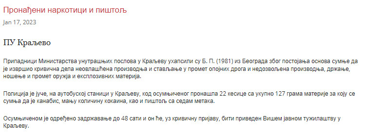 Serbia-avmp/Pronadjeni-narkotici-i-pistolj