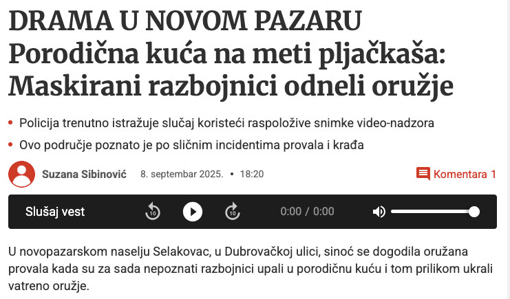 Serbia-avmp/Provala-u-Novom-Pazaru-Razbojnici-ukrali-vatreno-oruzje-iz-kuce-u-Selakovcu---