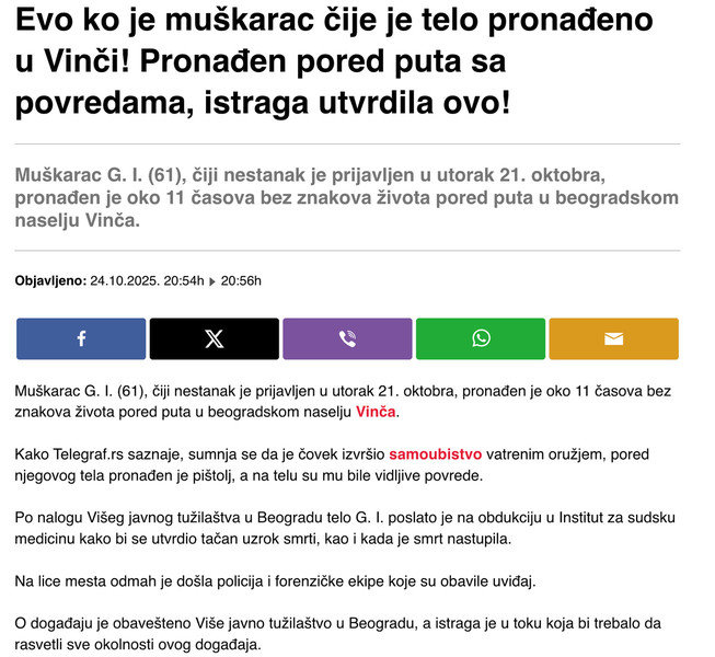 Serbia-avmp/Prvi-rezultati-istrage-pronadenog-tela-kdo-Vince