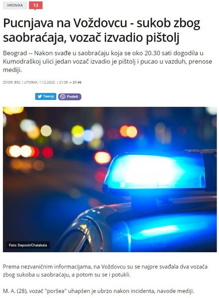 Serbia-avmp/Pucnjava-na-Vozdovcu---sukob-zbog-saobracaja-vozac-izvadio-pistolj