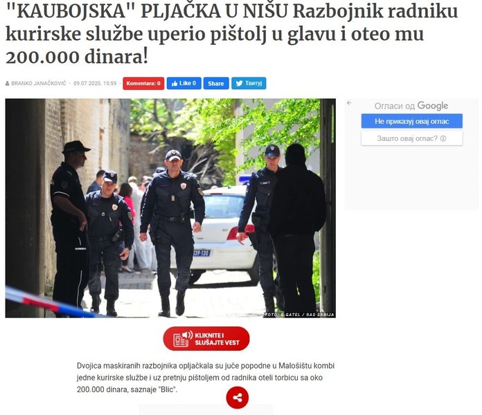 Serbia-avmp/Razbojnik-radniku-kurirske-sluzbe-uperio-pistolj-u-glavu-i-oteo-mu-200.000-din
