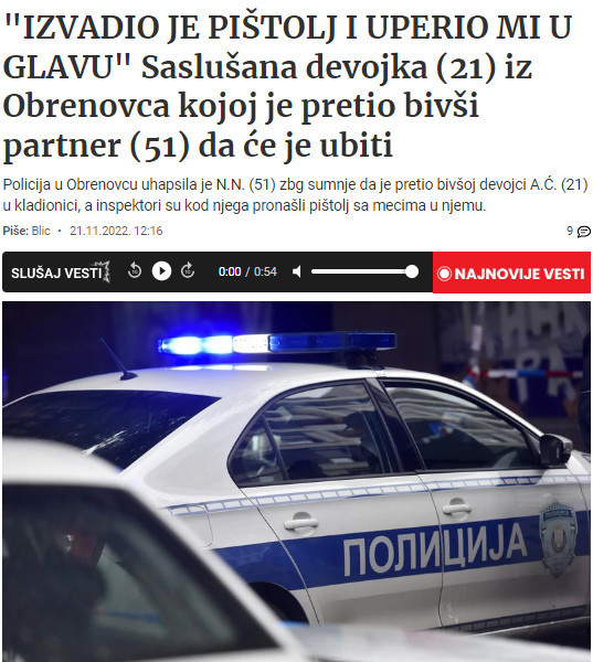 Serbia-avmp/Saslusana-devojka-iz-Obrenovca-kojoj-je-pretio-bivsi-partner-da-ce-je-ubiti