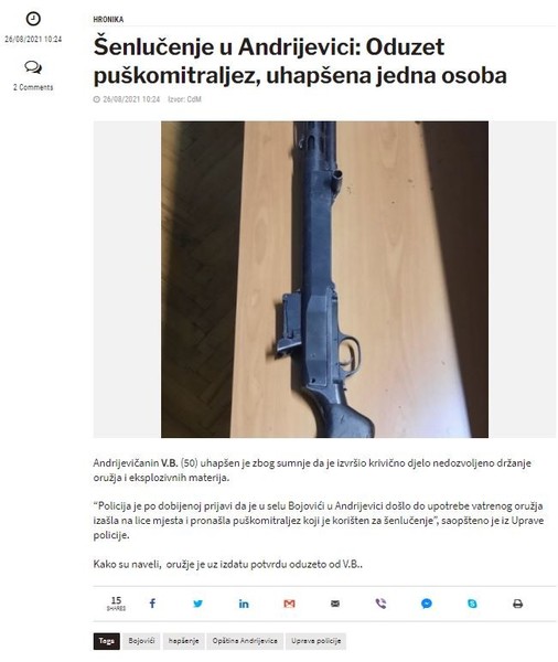 Serbia-avmp/Senlucenje-u-Andrijevici_-Oduzet-puskomitraljez-uhapsena-jedna-osoba