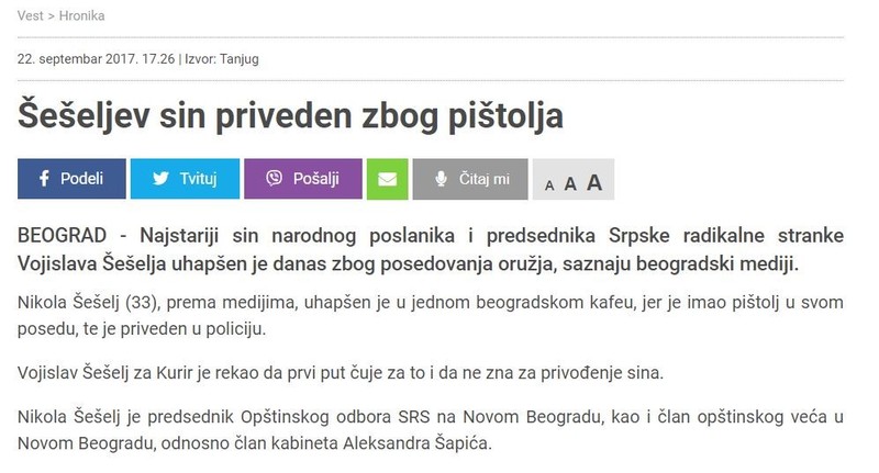 Serbia-avmp/Seseljev-sin-priveden-zbog-pistolja