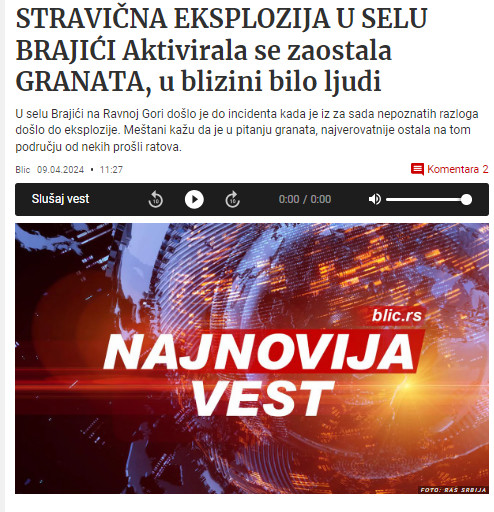 Serbia-avmp/Stravicna-eksplozija-u-selu-Brajici-na-Ravnoj-Gori_-Aktivirala-se-zaostala-gra