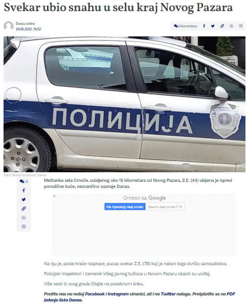 Serbia-avmp/Svekar-ubio-snahu-u-selu-kraj-Novog-Pazara