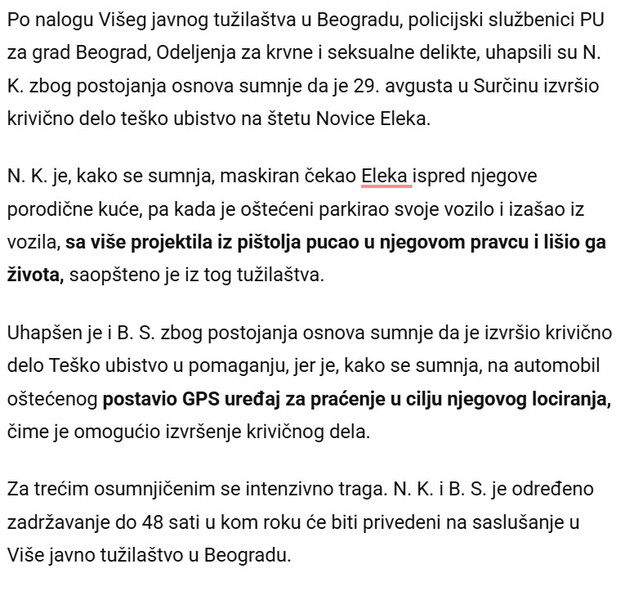 Serbia-avmp/TRAGA-SE-ZA-JOS-JEDNIM-OSUMNJICENIM-ZA-UBISTVO-NOVICE-ELEKA-Oglasilo-se-tuzilastvo-Postavljen-mu-GPS-ispod-kola-pa-ga-IZRESETALI-u-Surcinu