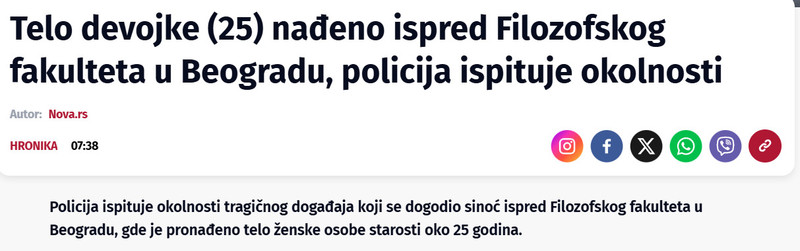 Serbia-avmp/Telo-devojke-25-nadeno-ispred-Filozofskog-fakulteta-u-Beogradu-policija-ispituje-okolnosti