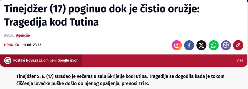 Serbia-avmp/Tinejdzer-17-poginuo-dok-je-cistio-oruzje-Tragedija-kod-Tutina