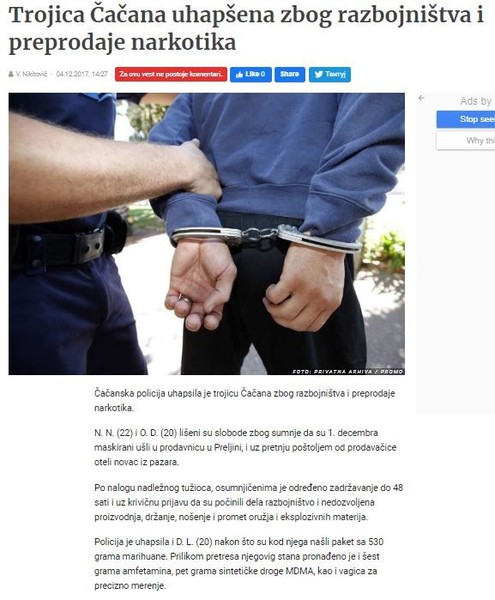 Serbia-avmp/Trojica-Cacana-uhapsena-zbog-razbojnistva-i-preprodaje-narkotika