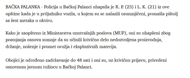 Serbia-avmp/U-Backoj-Palanci-uhapsena-dva-muskarca-kod-kojih-je-pronaden-pistolj-sa-sest-metaka_1