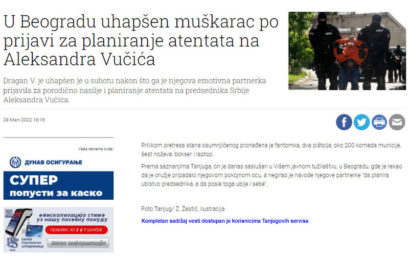 Serbia-avmp/U-Beogradu-uhapsen-muskarac-po-prijavi-za-planiranje-atentata-na-Aleksandra-Vu