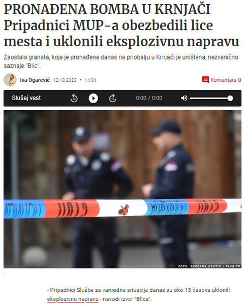 Serbia-avmp/U-Krnjaci-pronadjena-bomba
