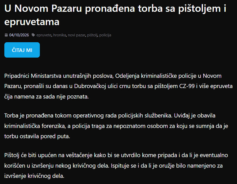 Serbia-avmp/U-Novom-Pazaru-pronadena-torba-sa-pistoljem-i-epruvetama