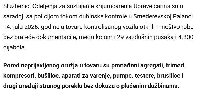Serbia-avmp/U-VOZILU-DRZAO-29-VAZDUSNIH-PUSKI-I-4.800-DIJABOLA-Carinici-u-kombiju-kod-Smederevske-Palanke-zaplenili-i-alat-FOTO_1