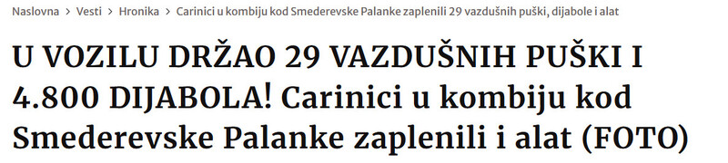 Serbia-avmp/U-VOZILU-DRZAO-29-VAZDUSNIH-PUSKI-I-4.800-DIJABOLA-Carinici-u-kombiju-kod-Smederevske-Palanke-zaplenili-i-alat-FOTO