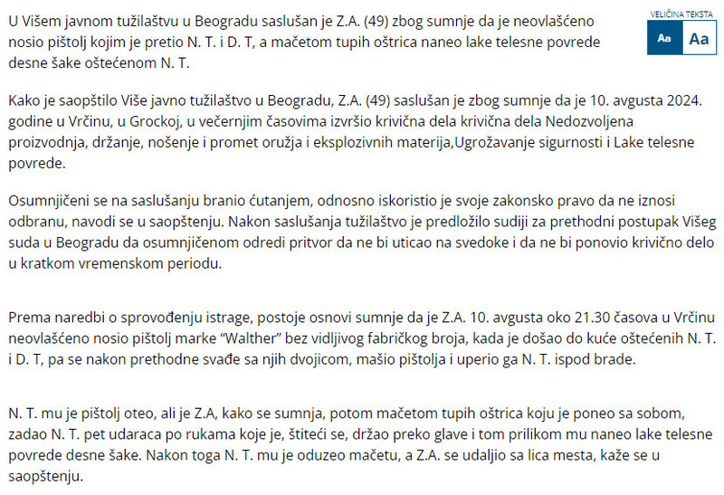 Serbia-avmp/U-Visem-javnom-tuzilastvu-saslusan-osumnjicen-zbog-pretnje-pistoljem-i-napada-