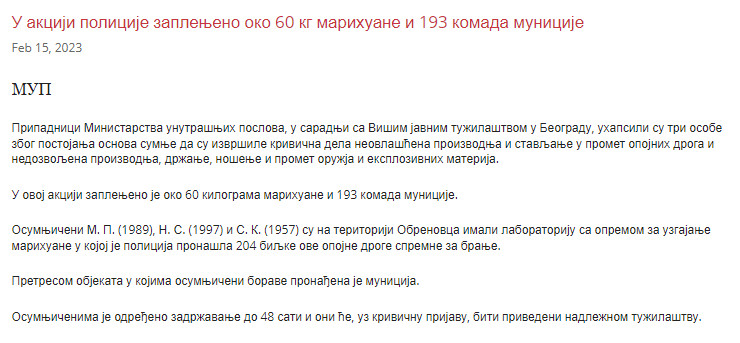 Serbia-avmp/U-akciji-policije-zaplenjeno-oko-60kg-marihuane-i-193-komada-municije