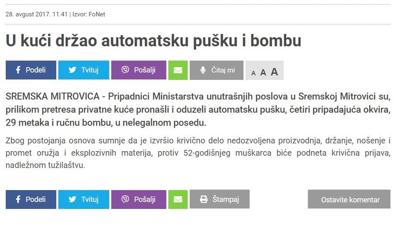 Serbia-avmp/U-kuci-drzao-automatsku-pusku-i-bombu