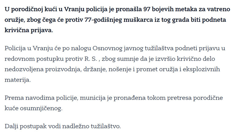Serbia-avmp/U-kuci-u-Vranju-pronadeno-97-metaka-protiv-osumnjicenog-krivicna-prijava_1
