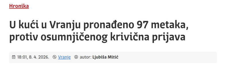 Serbia-avmp/U-kuci-u-Vranju-pronadeno-97-metaka-protiv-osumnjicenog-krivicna-prijava