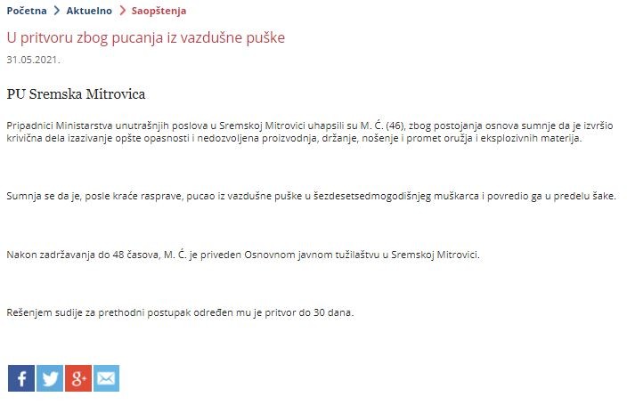 Serbia-avmp/U-pritvoru-zbog-pucanja-iz-vazdusne-puske