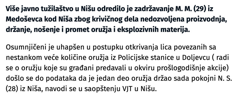 Serbia-avmp/Ubio-se-mladic-koji-je-krio-oruzje-ukradeno-iz-Policijske-stanice-u-Doljevcu