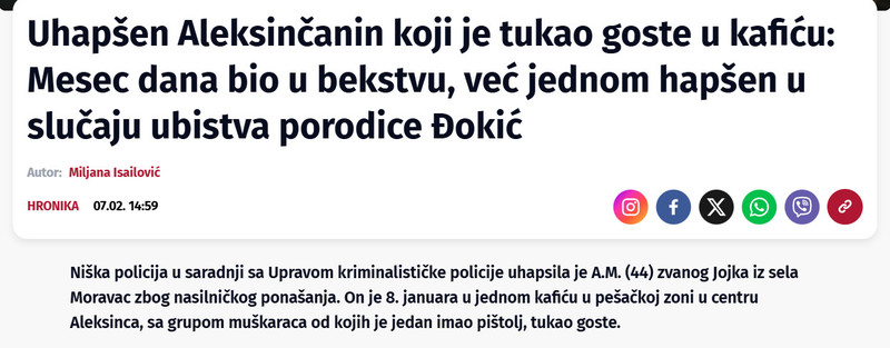 Serbia-avmp/Uhapsen-Aleksincanin-koji-je-tukao-goste-u-kaficu-Mesec-dana-bio-u-bekstvu-vec-jednom-hapsen-u-slucaju-ubistva-porodice-Dokic