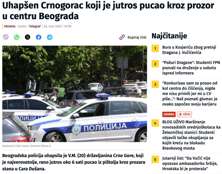 Serbia-avmp/Uhapsen-Crnogorac-koji-je-pucao-kroz-prozor-u-centru-Beograda