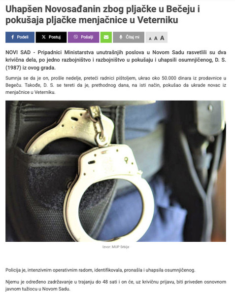 Serbia-avmp/Uhapsen-Novosadanin-zbog-pljacke-u-Beceju-i-pokusaja-pljacke-menjacnice-u-Vete