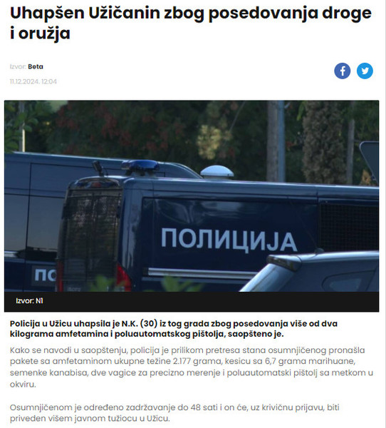 Serbia-avmp/Uhapsen-Uzicanin-zbog-posedovanja-droge-i-oruzja-__-Vesti