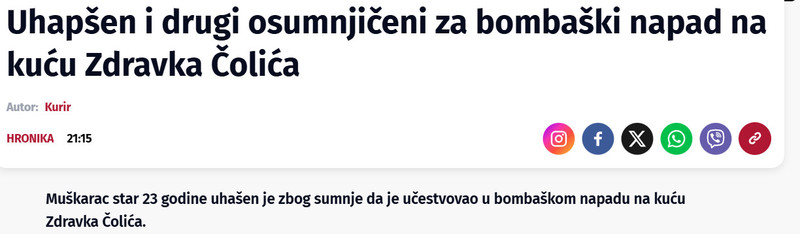 Serbia-avmp/Uhapsen-i-drugi-osumnjiceni-za-bombaski-napad-na-kucu-Zdravka-Colica