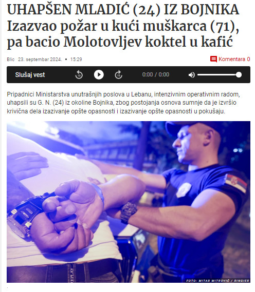 Serbia-avmp/Uhapsen-mladic-24-iz-Bojnika_-Izazvao-pozar-u-kuci-muskarca-71-pa-bacio-Moloto