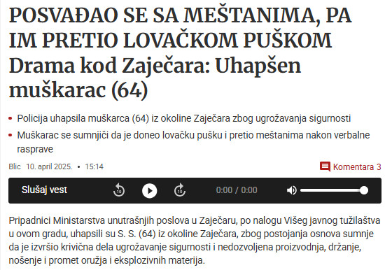 Serbia-avmp/Uhapsen-muskarac-64-iz-okoline-Zajecara_-Posvadao-se-sa-mestanima-pa-im-pretio
