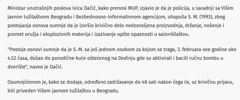 Serbia-avmp/Uhapsen-muskarac-koji-je-bacio-bombu-na-kucu-Zdravka-Colica-Traga-se-za-jos-jednom-osobom_1