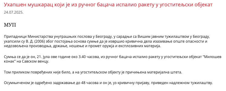 Serbia-avmp/Uhapsen-muskarac-koji-je-iz-rucnog-bacaca-ispalio-raketu-