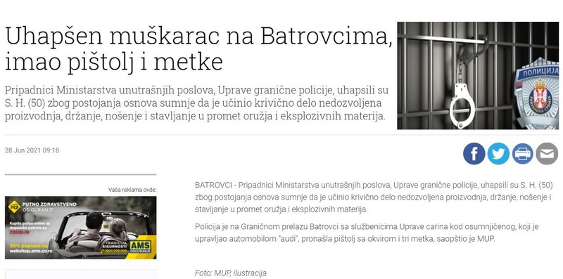 Serbia-avmp/Uhapsen-muskarac-na-Batrovcima-imao-pistolj-i-metke